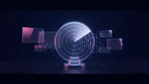 A glowing radar-style scanner sweeping a beam across a field of citation nodes, illustrating how to measure AI search visibility across ChatGPT, Perplexity, and Google AI Overviews.