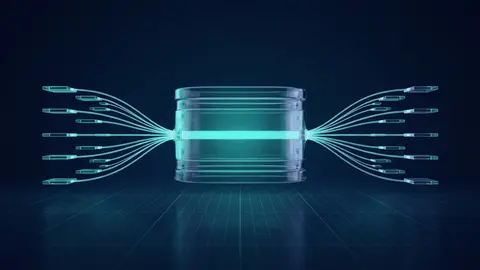 A single glowing hub with thin light threads running out to a ring of small labeled tiles, each tile standing for a connected business system an AI agent can reach.