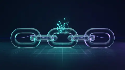 A glass chain whose middle link sheds small glowing tags while a thin light thread still connects the outer links, illustrating a link that keeps working after tracking parameters are removed.