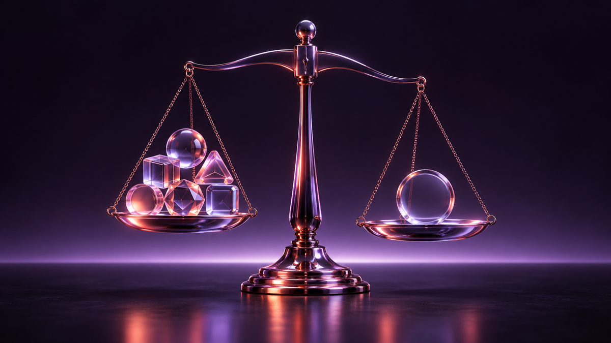 A glass balance scale comparing a cluster of media tokens with one placebo token