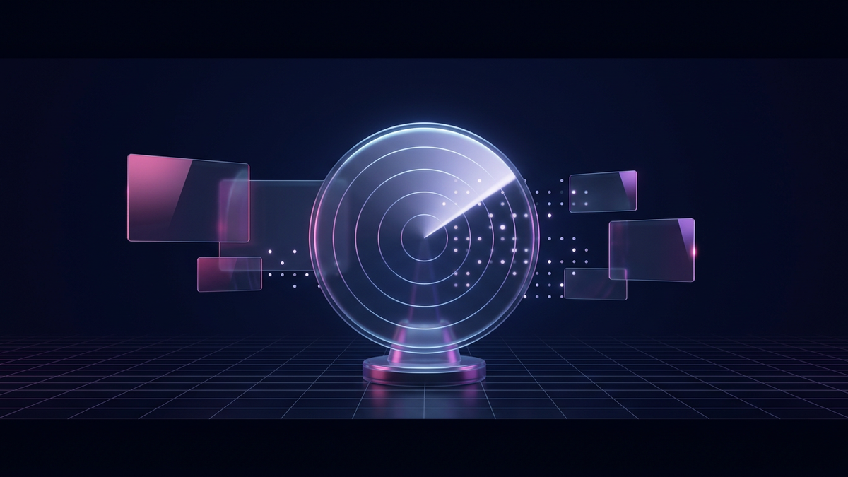 A glowing radar-style scanner sweeping a beam across a field of citation nodes, illustrating how to measure AI search visibility across ChatGPT, Perplexity, and Google AI Overviews.