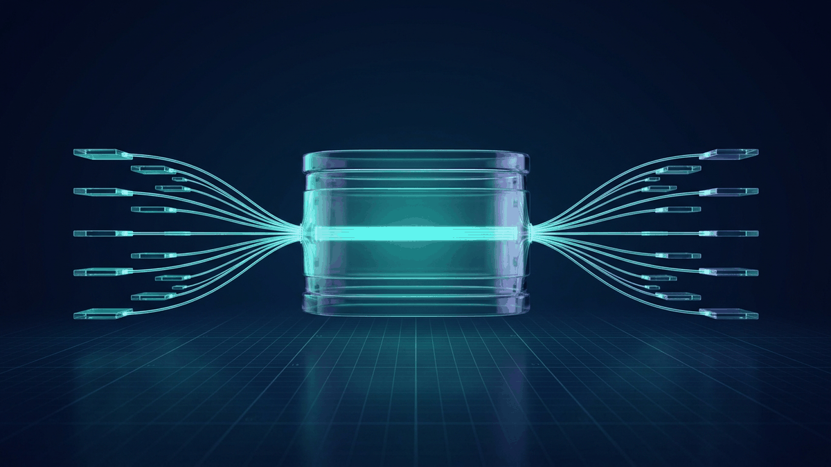 A single glowing hub with thin light threads running out to a ring of small labeled tiles, each tile standing for a connected business system an AI agent can reach.
