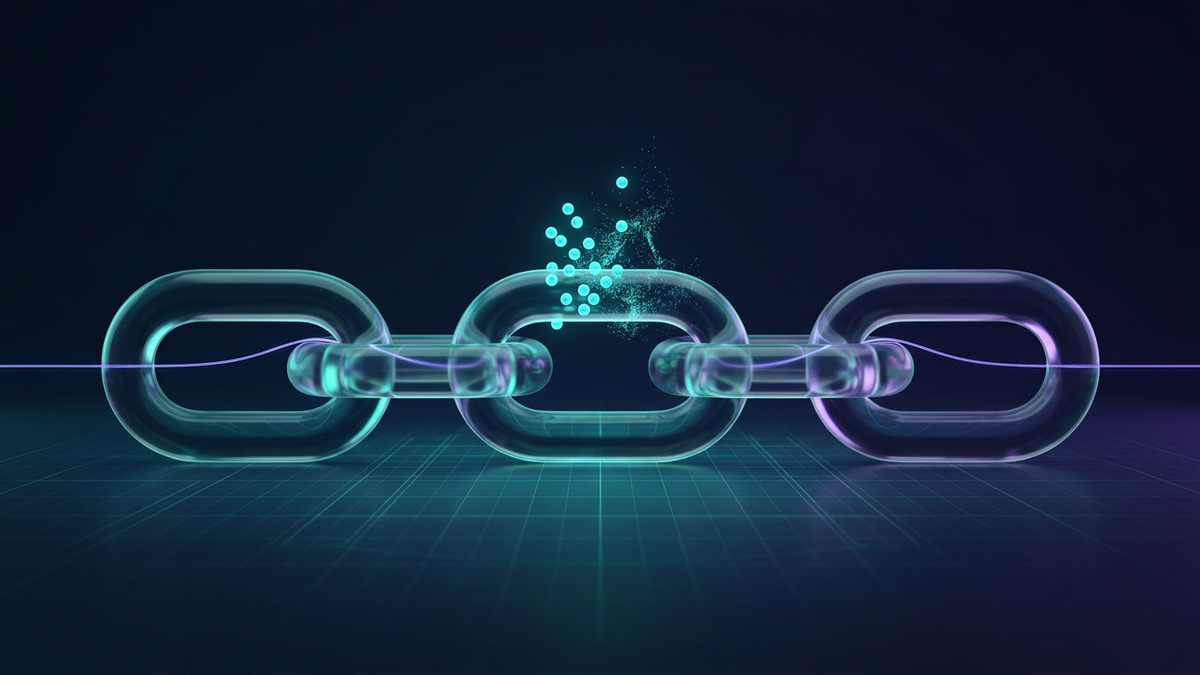 A glass chain whose middle link sheds small glowing tags while a thin light thread still connects the outer links, illustrating a link that keeps working after tracking parameters are removed.