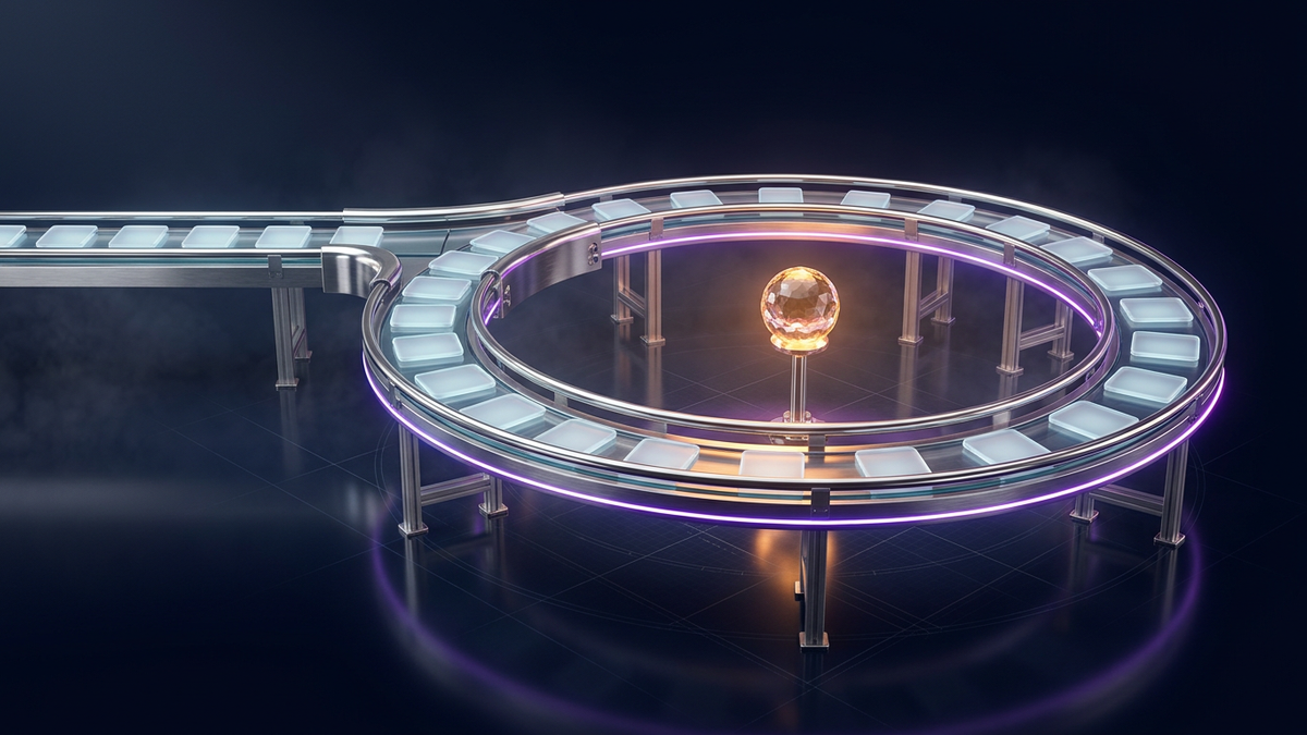 A straight data pipeline curving into a glowing circular loop around a crystal core