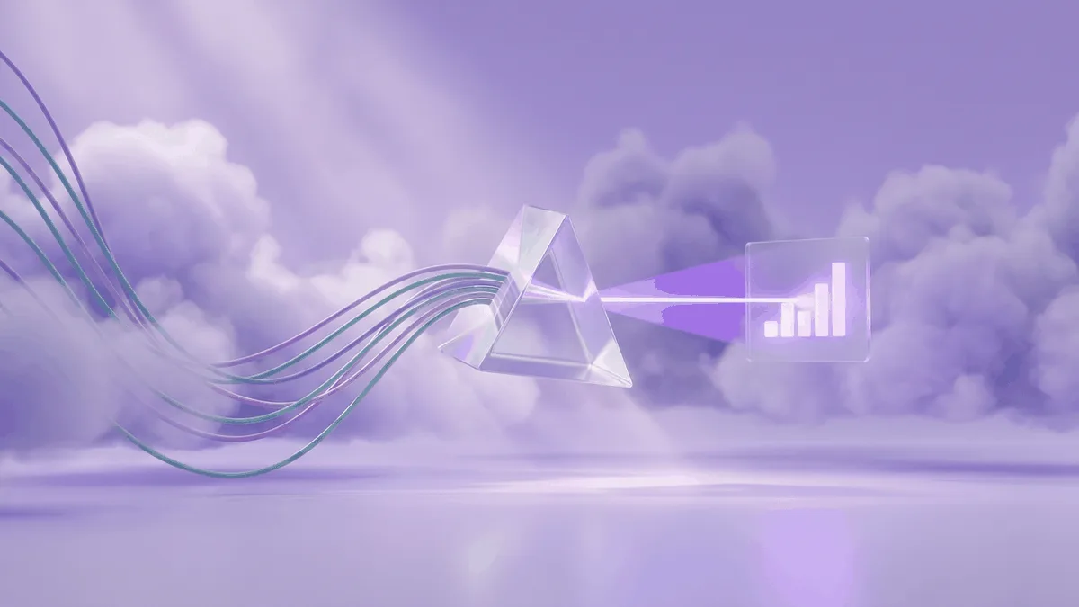 A glass prism turns many colored cables into one beam of light over pastel clouds: many marketing sources, one view