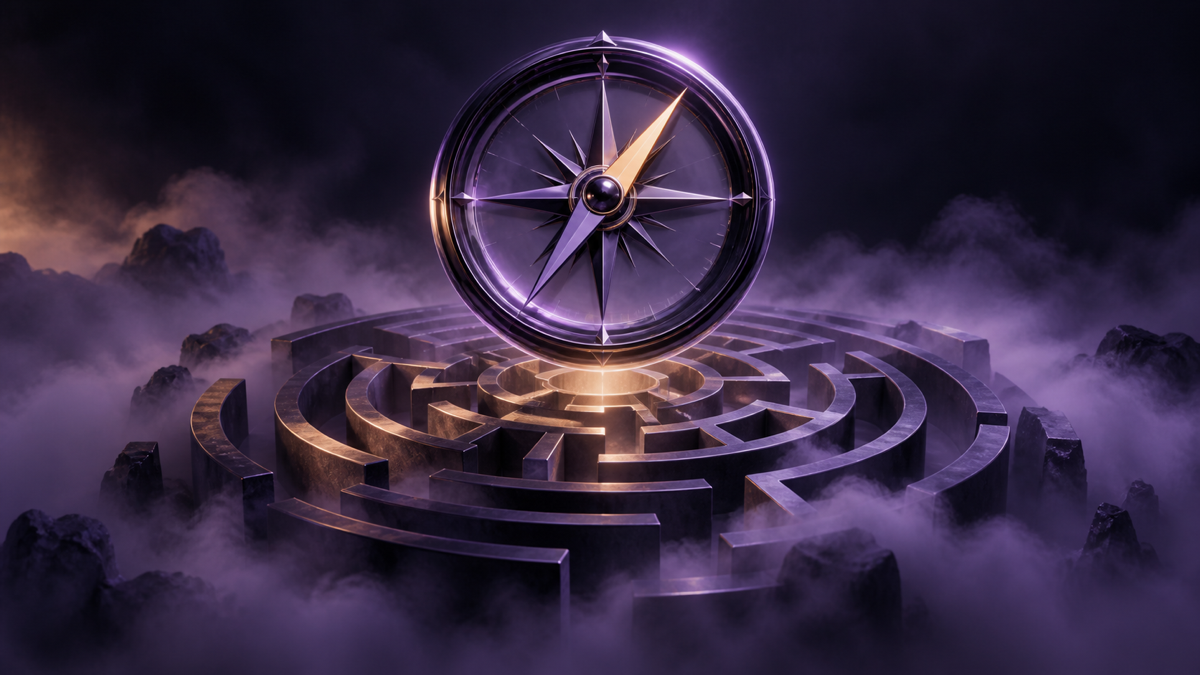 A precise compass suspended above a maze partly hidden by fog