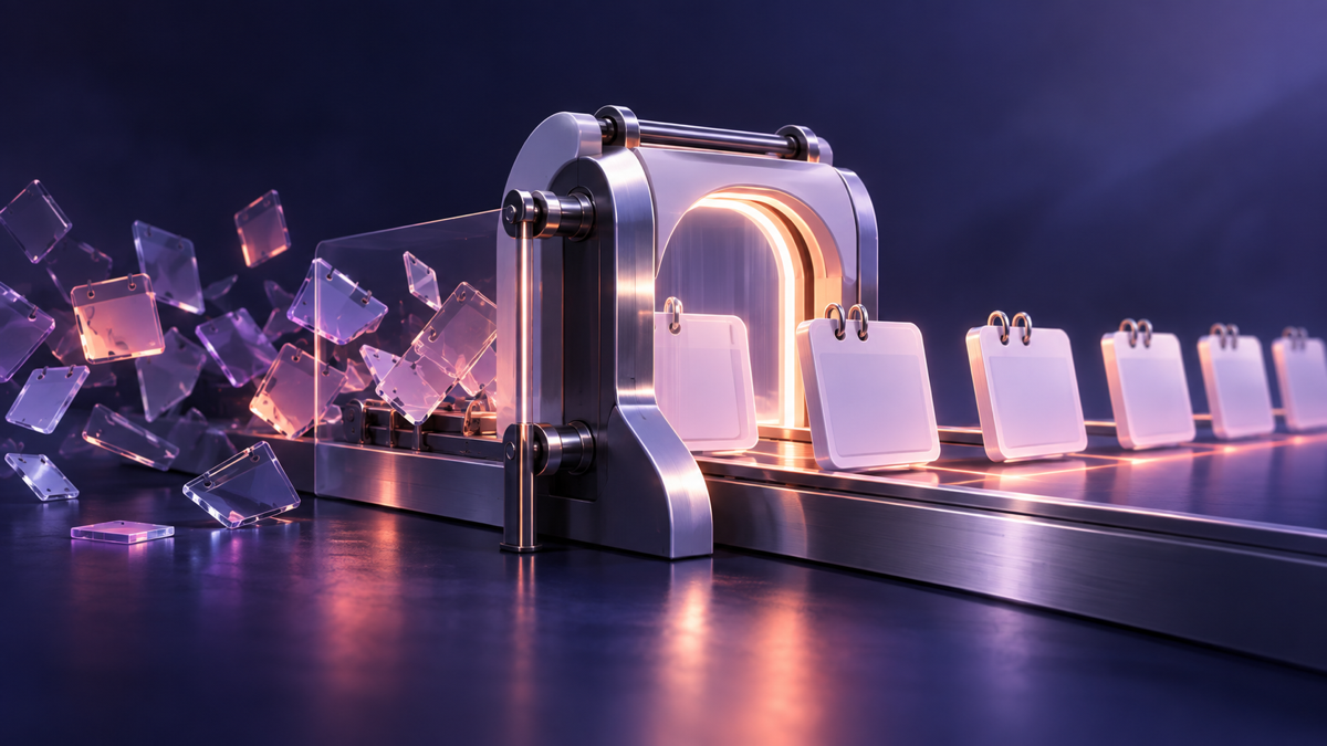 Calendar panels moving forward through a mechanical validation gate