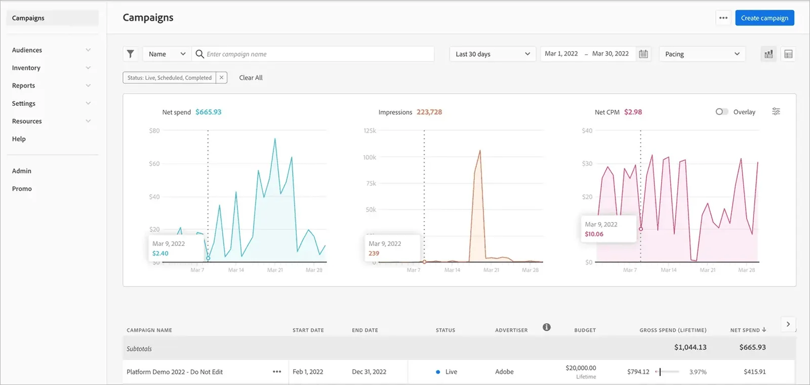 Adobe Advertising DSP campaign interface Adobe Advertising DSP campaign interface