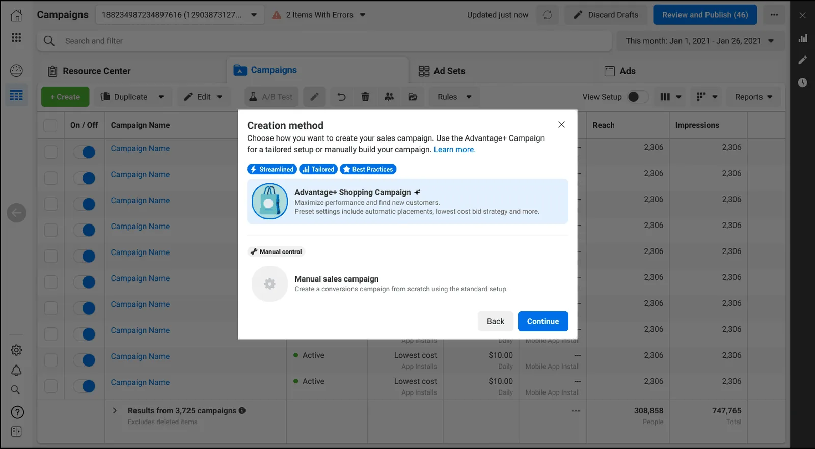 Meta Ads Manager campaign screen Meta Ads Manager campaign screen