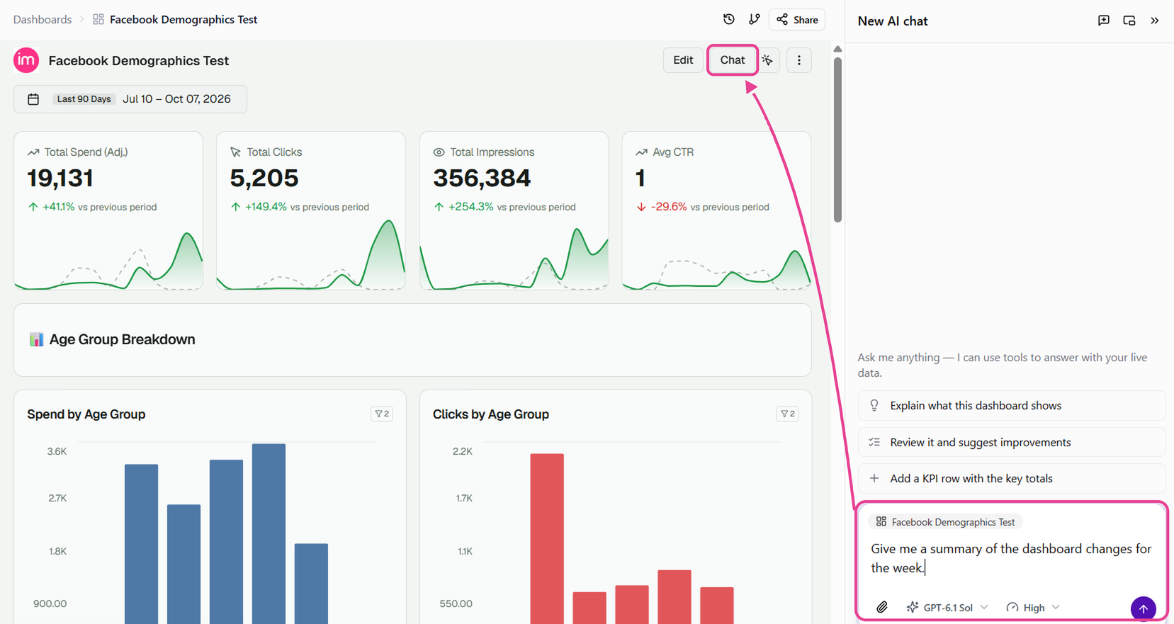 Dashboard with the Chat button in the header and the AI Agent chat panel open on the right