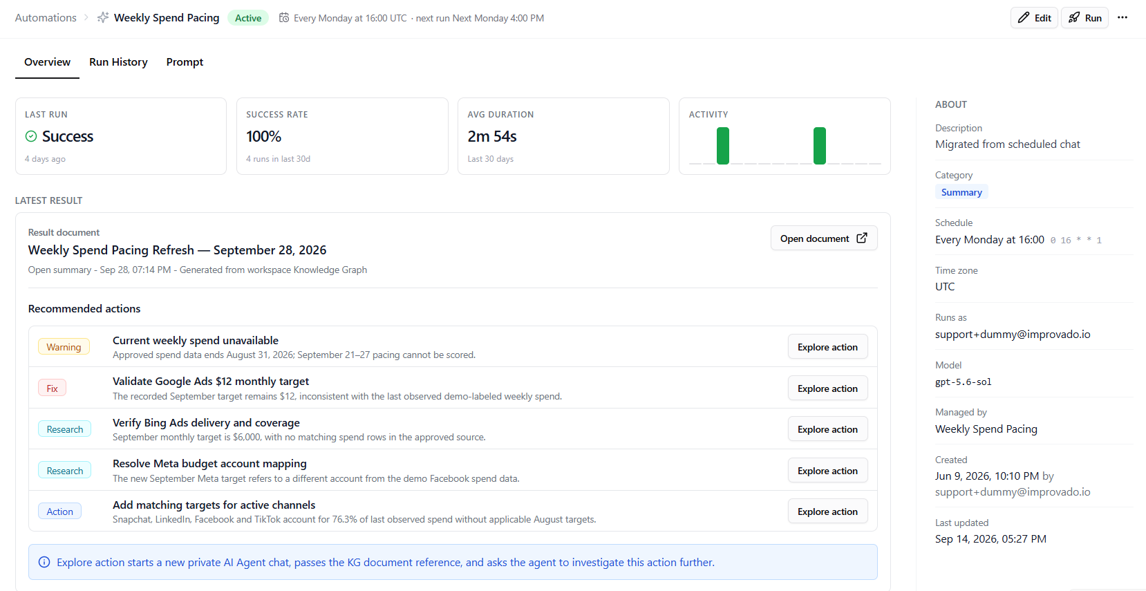 An agent automation page, Overview tab: last run, success rate, average duration, activity, the latest result with recommended actions, and the About panel