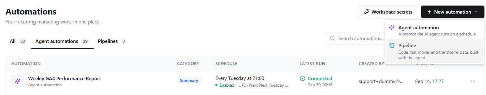 The New automation menu open on the Automations page: Agent automation, a prompt the AI agent runs on a schedule; Pipeline, code that moves and transforms data, built with the agent