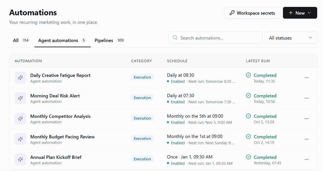 The Automations list, the New automation menu with both types, and an agent automation page