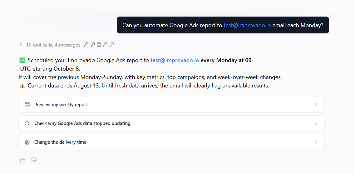 Asking the AI Agent to email a Google Ads report every Monday, and its confirmation of the schedule