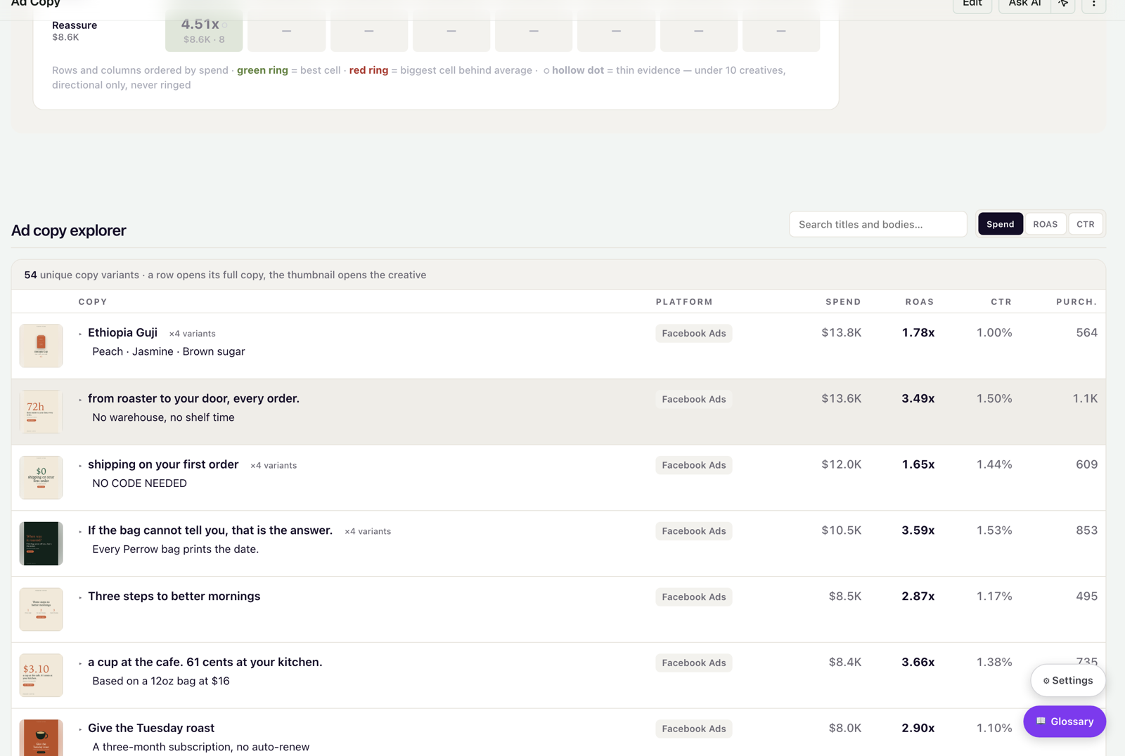 The ad copy explorer: every unique copy variant with its platform, spend, ROAS, CTR and purchases