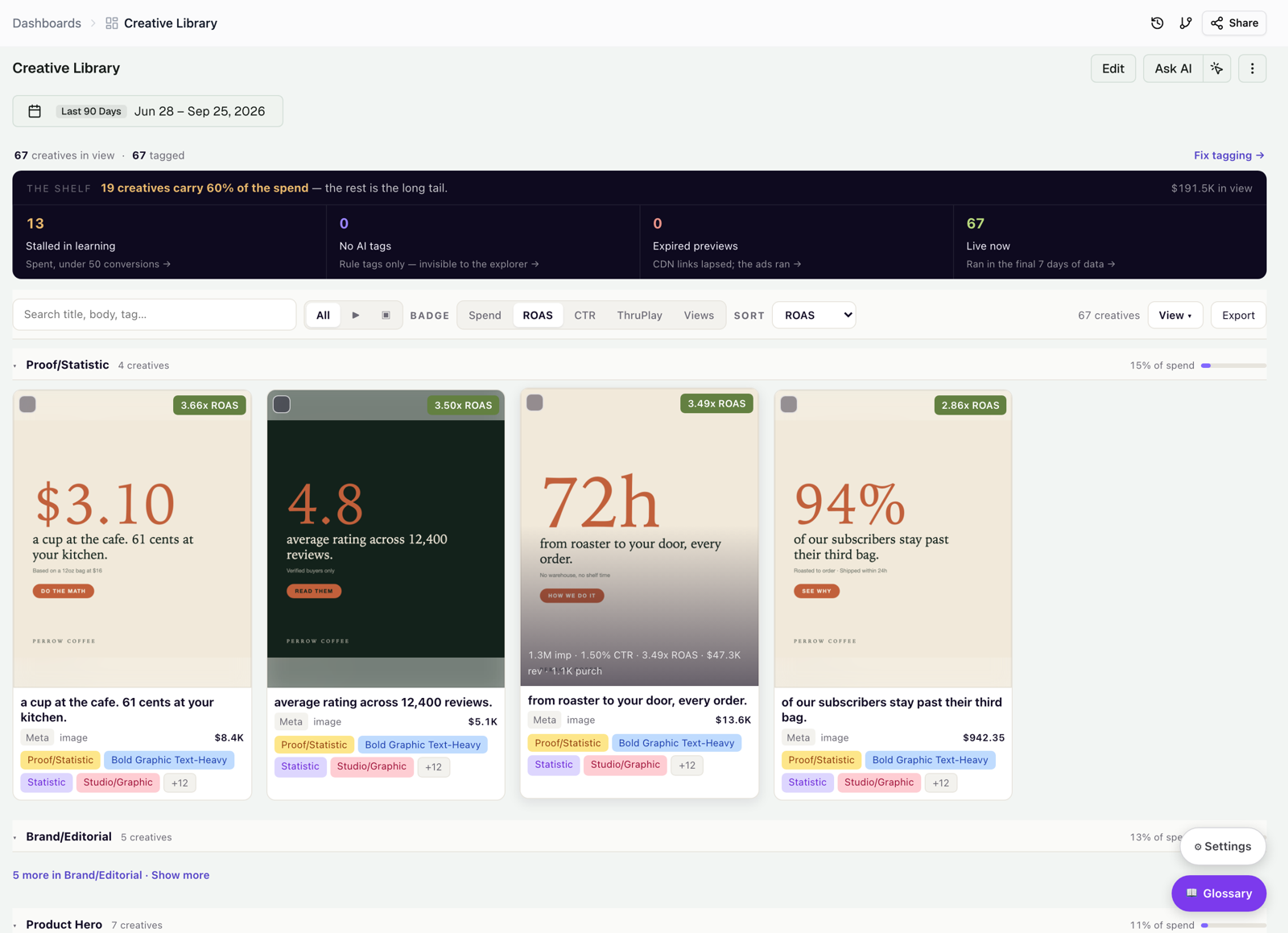 THE SHELF strip above the Creative Library, with the search, badge, sort, view and export controls