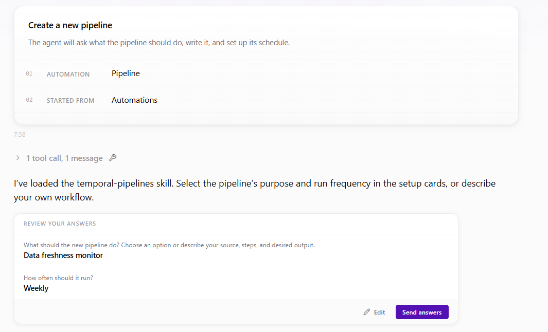 A new pipeline chat started from Automations: the agent asks what the pipeline should do and how often it should run