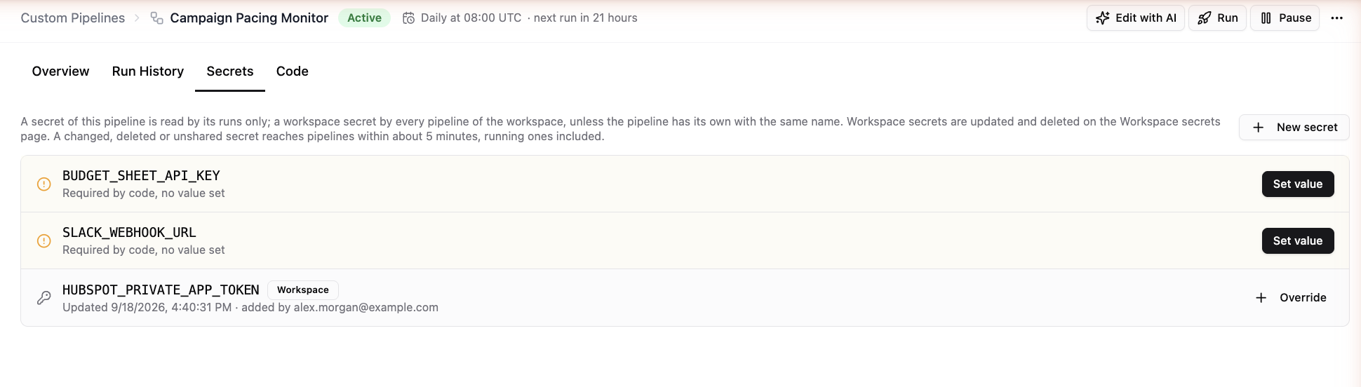 Secrets tab: two secrets required by code with no value set, and a workspace secret