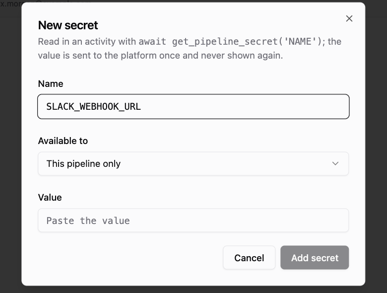 New secret dialog with the name filled in, Available to set to This pipeline only, and an empty value