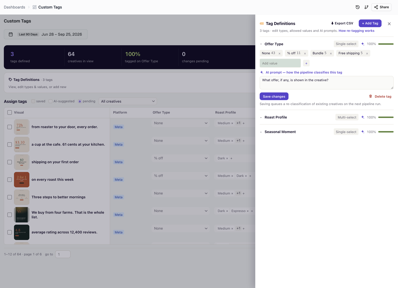 An AI-assisted custom tag: allowed values with live counts and the prompt the classifier uses on the next run