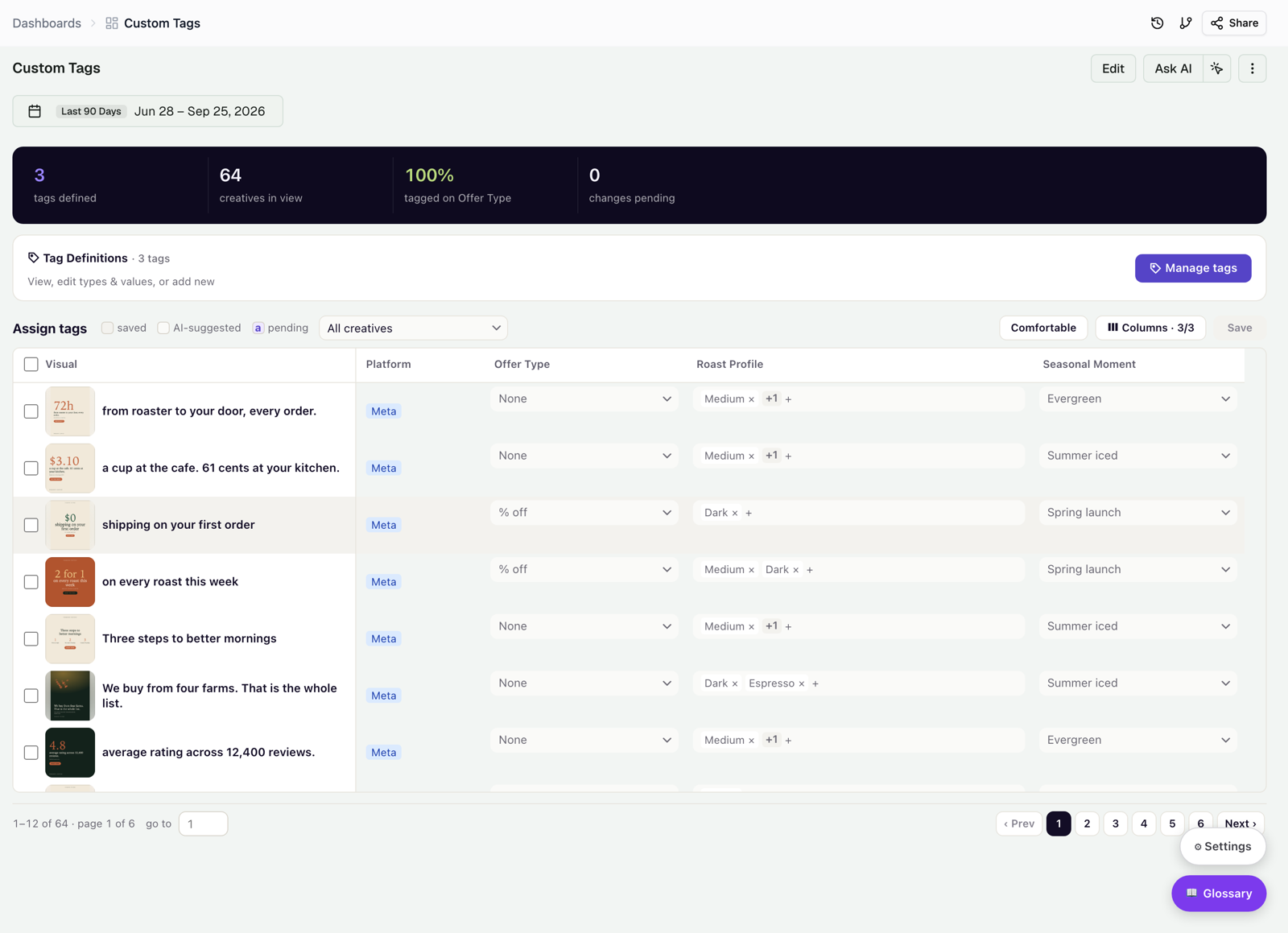 The Custom Tags tab: a summary strip, the Manage tags button, and the assignment grid with single-select and multi-select tag columns