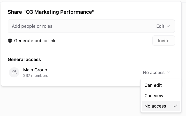 The Share panel with the General access menu open: Can edit, Can view and No access The Share panel with the General access menu open: Can edit, Can view and No access