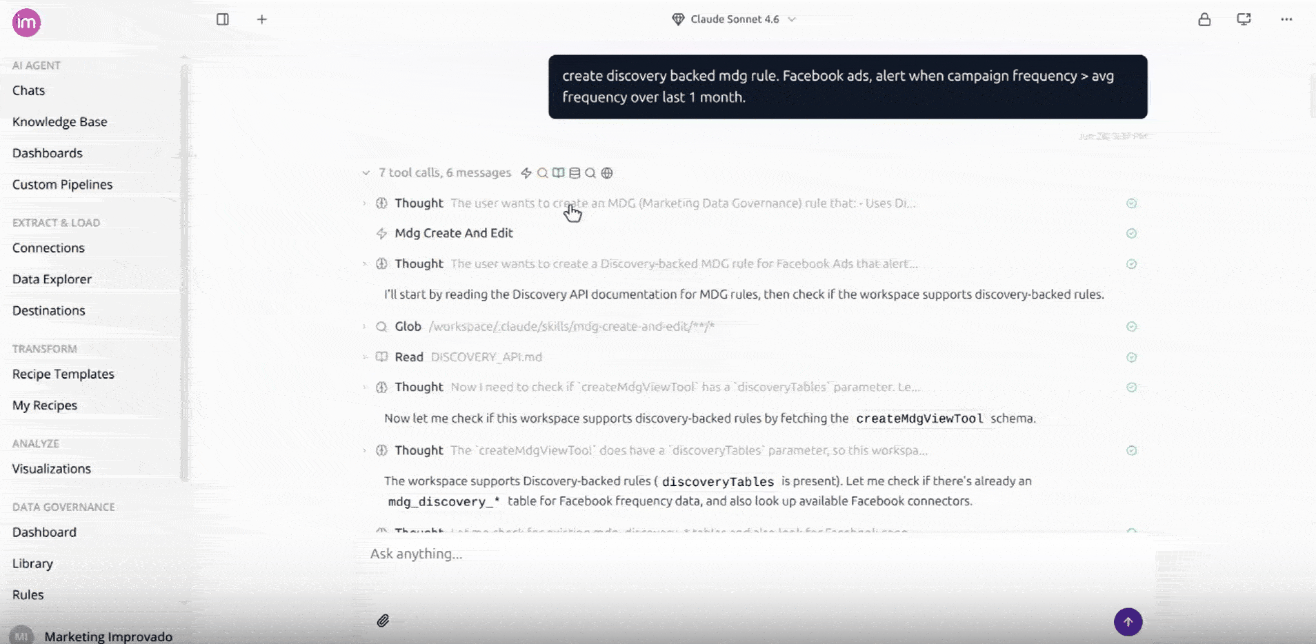 Improvado AI agent creating a Discovery API rule from natural-language input