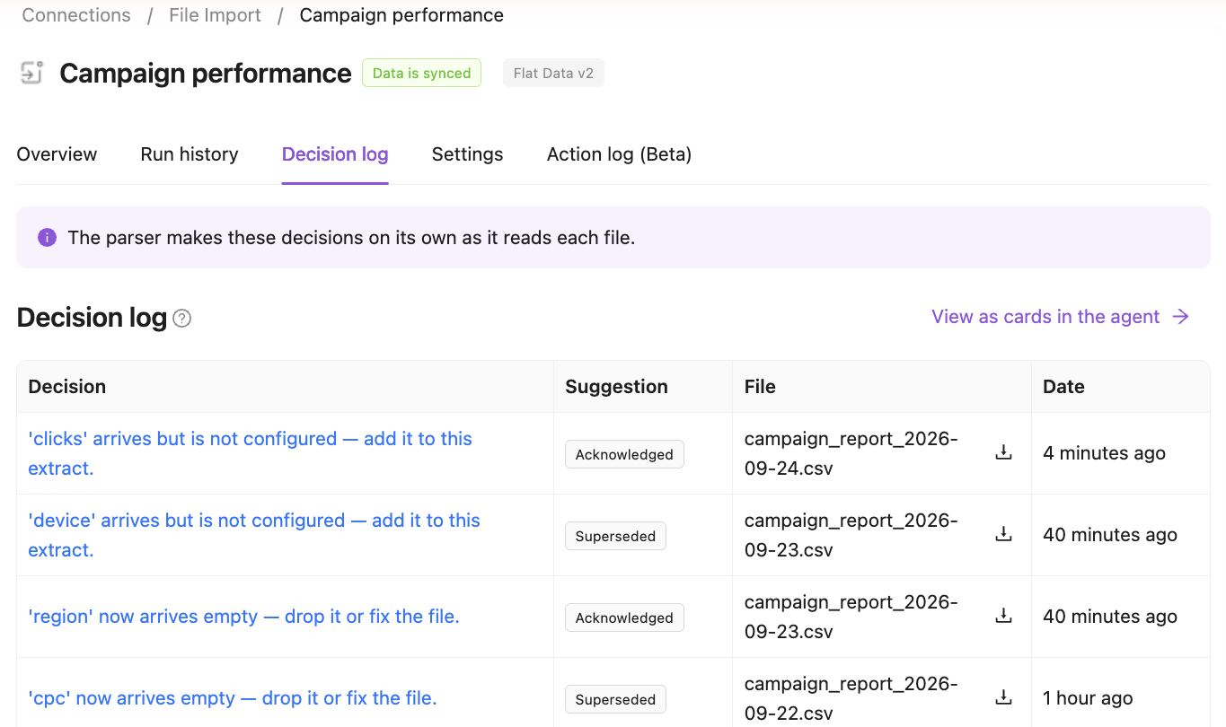 The extraction's Decision log tab: each decision with its card status, the file it applies to and the date