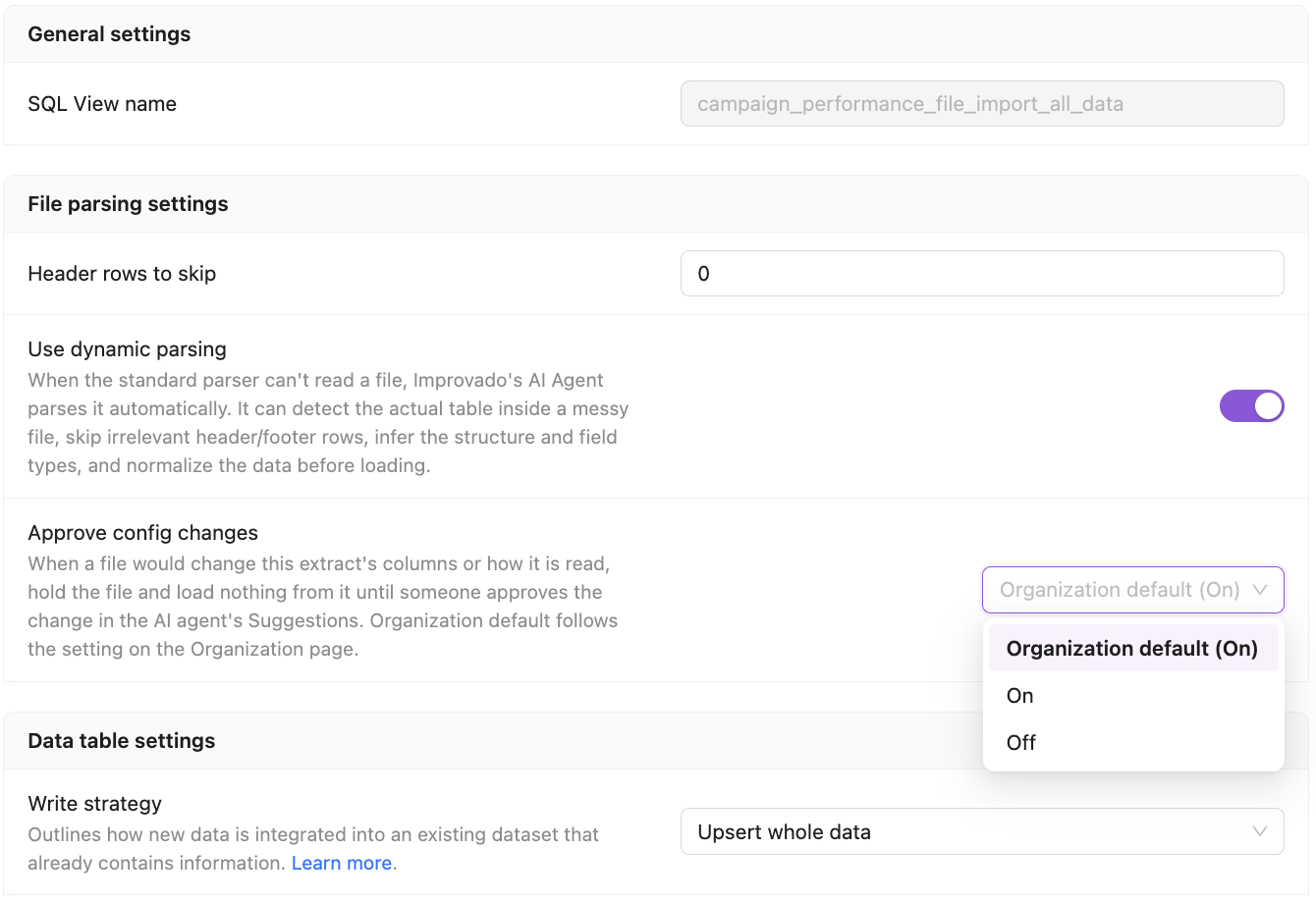 The extraction's Settings tab with the Approve config changes select open: Organization default (On), On, Off