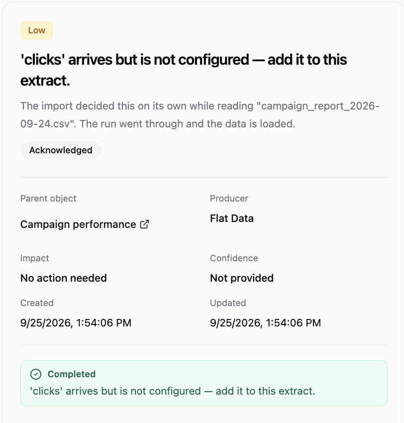 A closed card on the History tab of Suggestions: a column arrives but is not configured, Acknowledged
