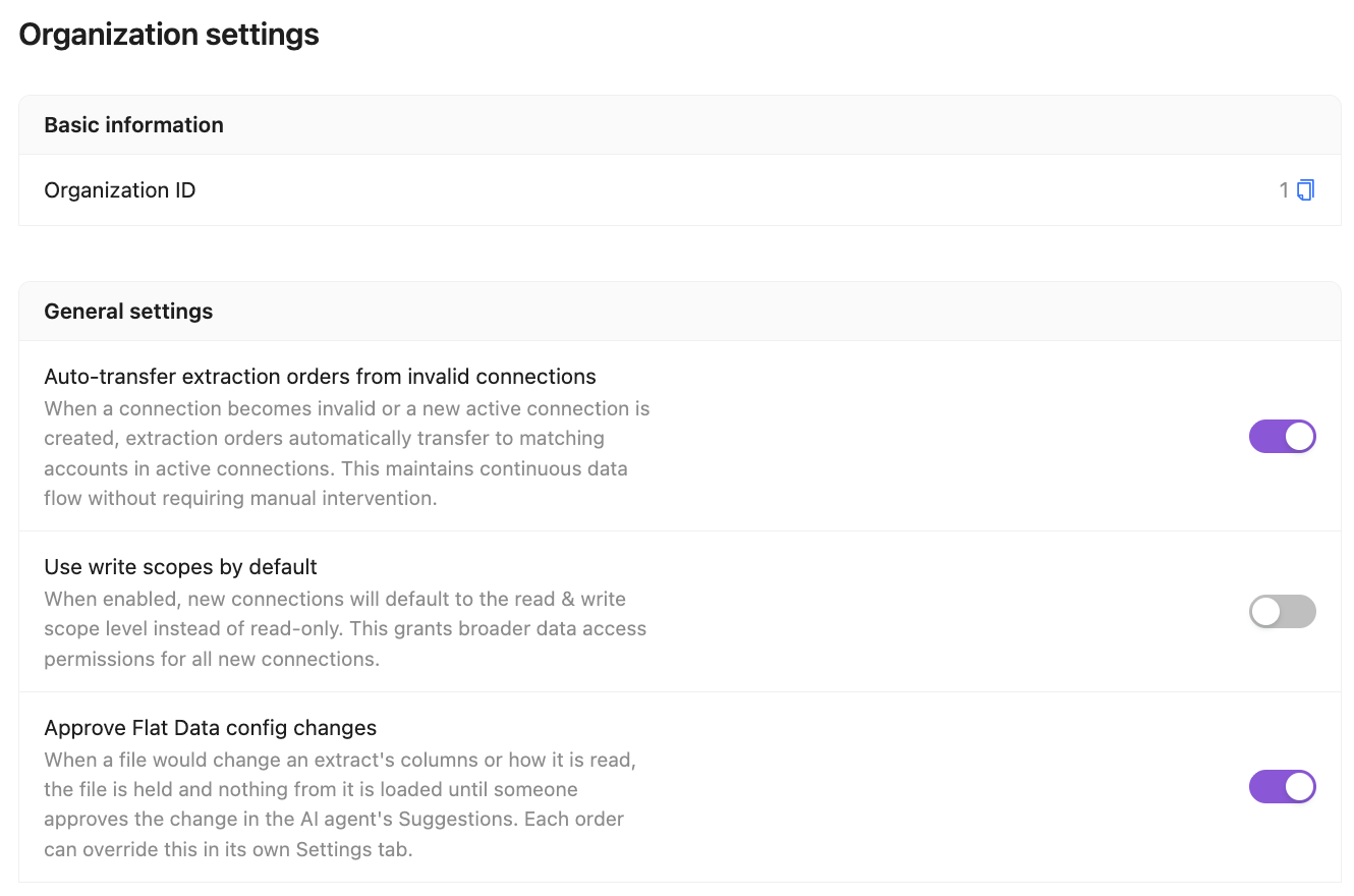 Organization settings with the Approve Flat Data config changes switch turned on