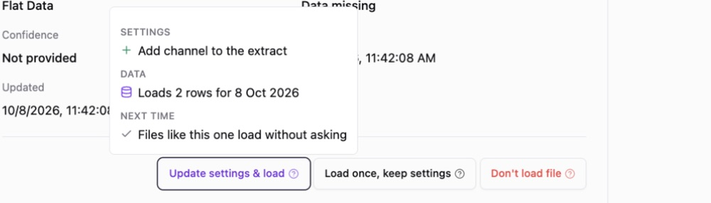 The Update settings and load tooltip explains the effect on settings, data and future files