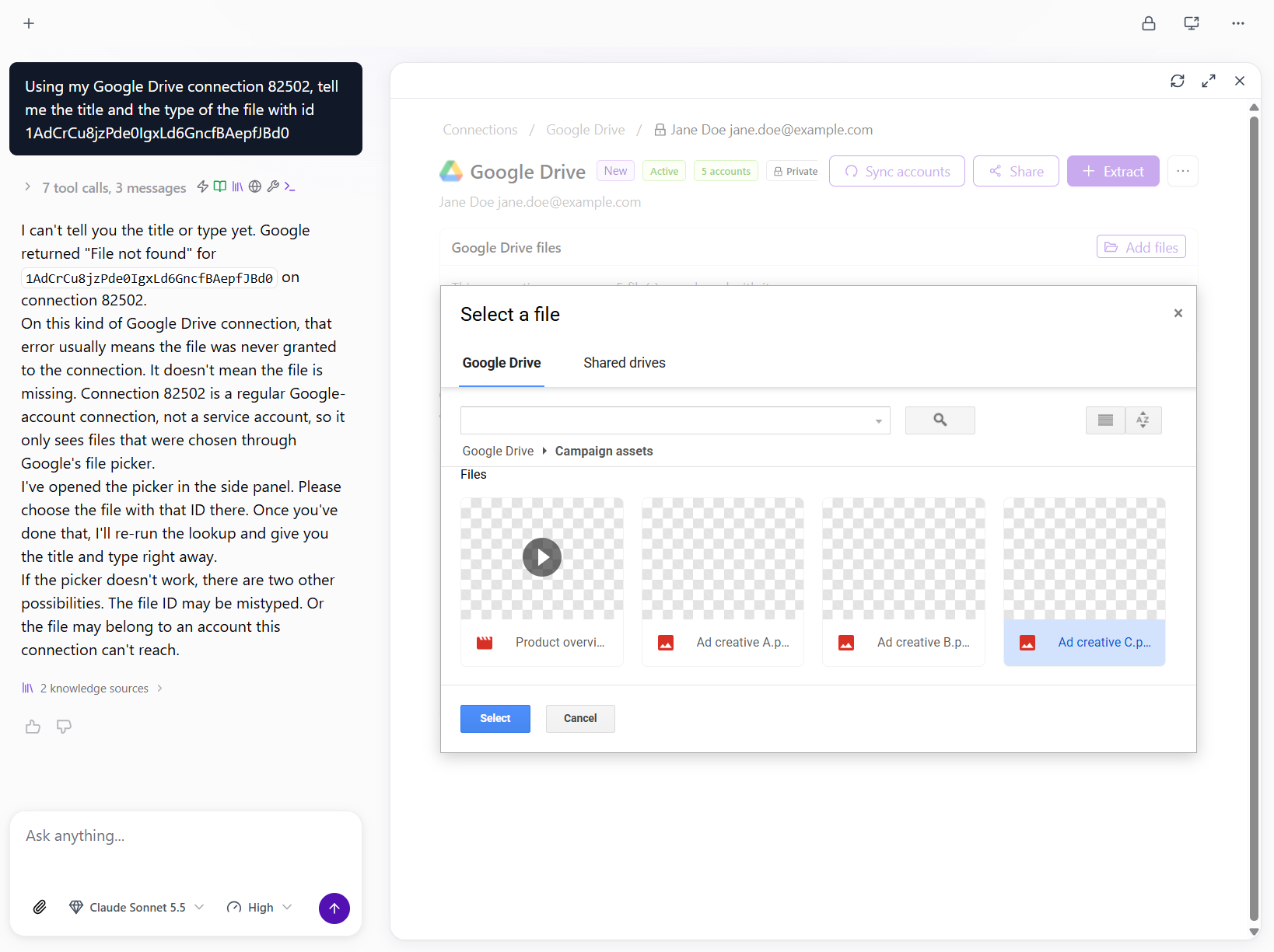 AI Agent chat: the agent explains that the file was never granted to the connection and opens the Google file picker in the side panel, with the file selected