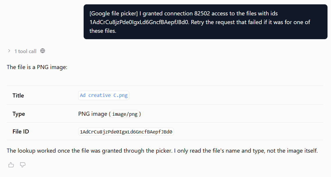 AI Agent chat: the message with the ID of the granted file and the agent's answer with the file title, type and ID