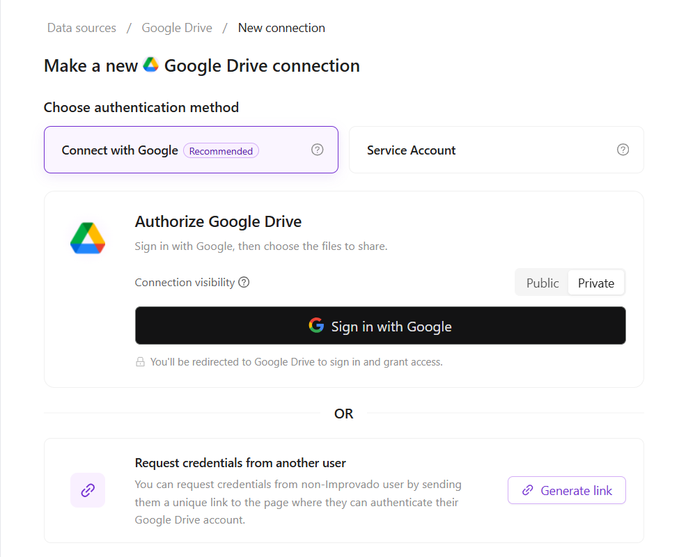 New Google Drive connection page with the Connect with Google method selected and the Sign in with Google button