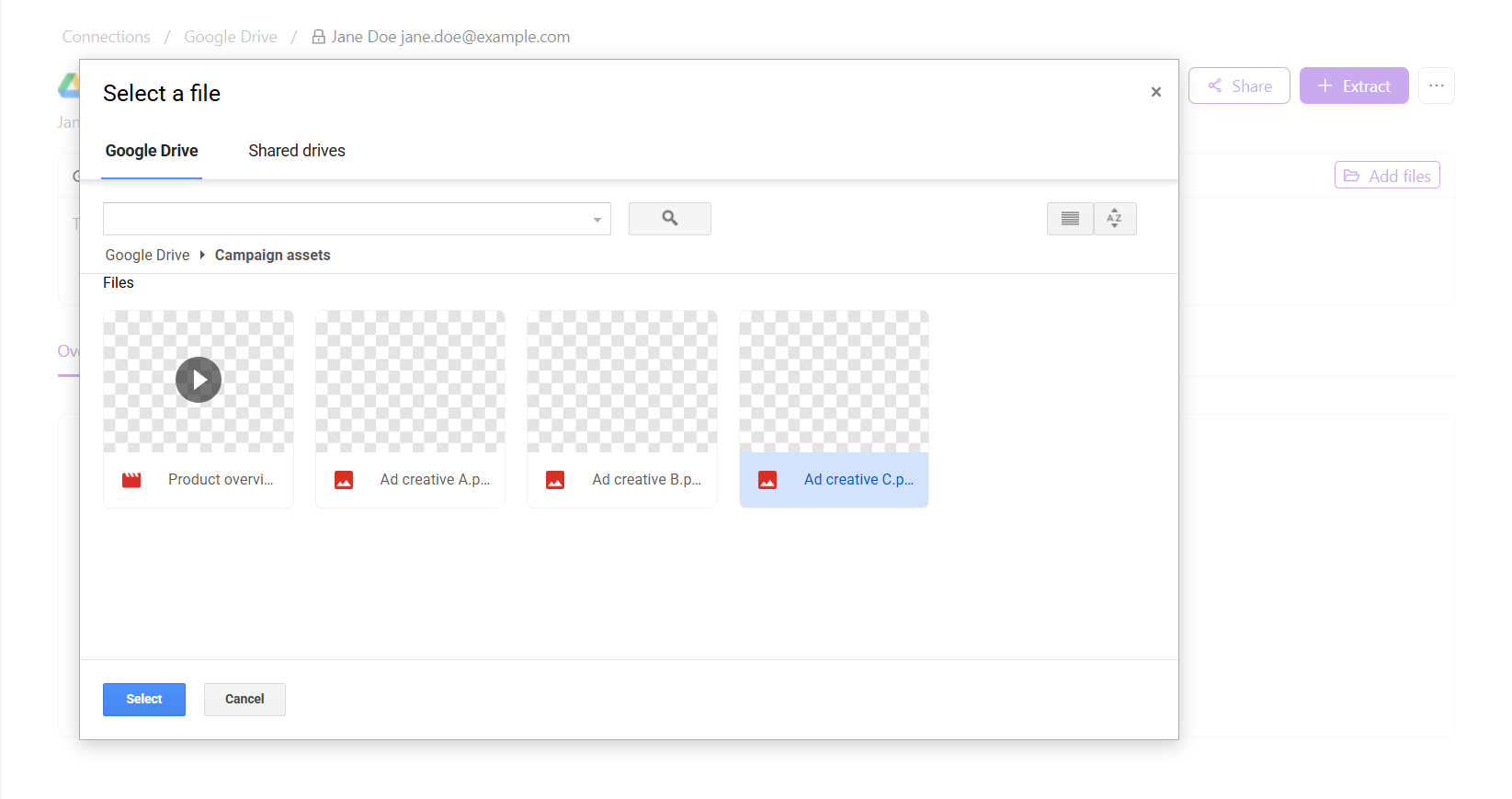 Google file picker over the connection page, a file selected inside a folder and the Select button enabled