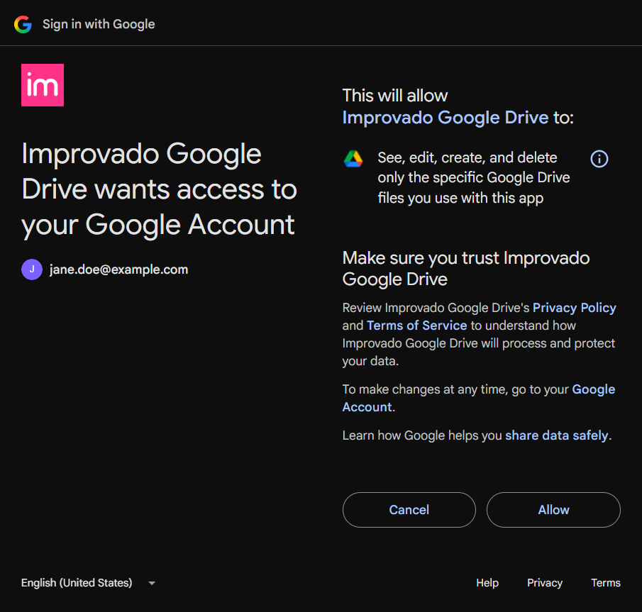 Google consent screen: Improvado Google Drive wants access to your Google Account to see, edit, create, and delete only the specific Google Drive files you use with this app