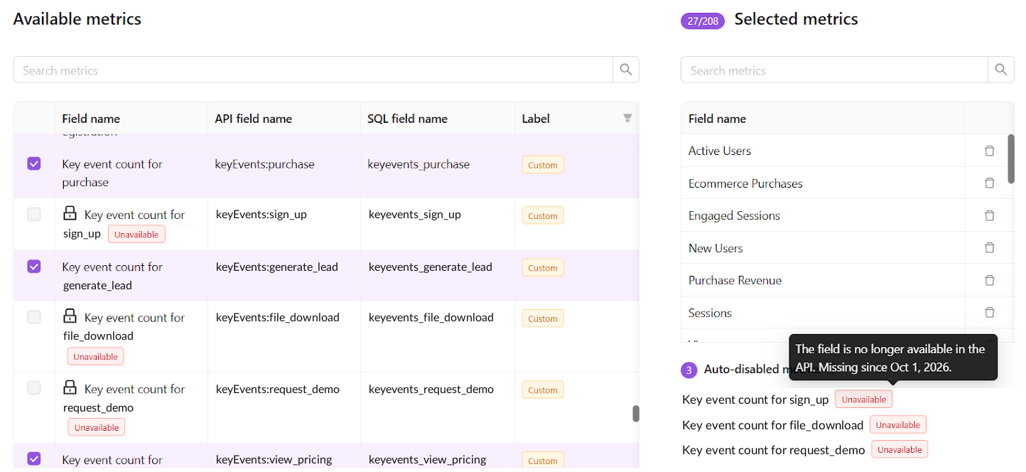 Three custom key events marked Unavailable and locked in Available metrics, listed under Auto-disabled metrics, with the tooltip: The field is no longer available in the API. Missing since Oct 1, 2026.