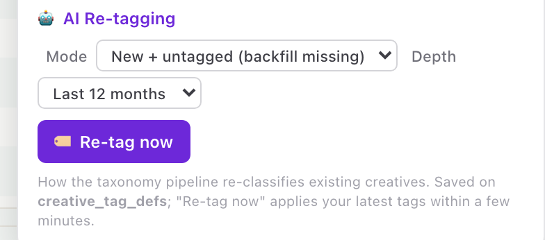 The AI Re-tagging settings: Mode and Depth dropdowns and the Re-tag now button