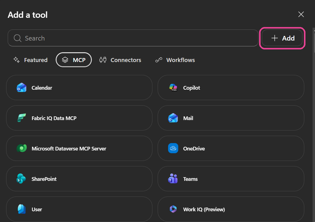 Copilot Studio Add a tool panel with the + Add button highlighted