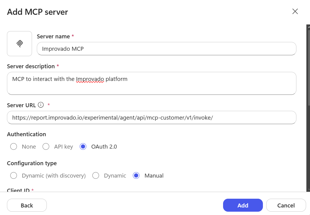 Copilot Studio Add MCP server form: server name, description, URL, OAuth 2.0, Manual