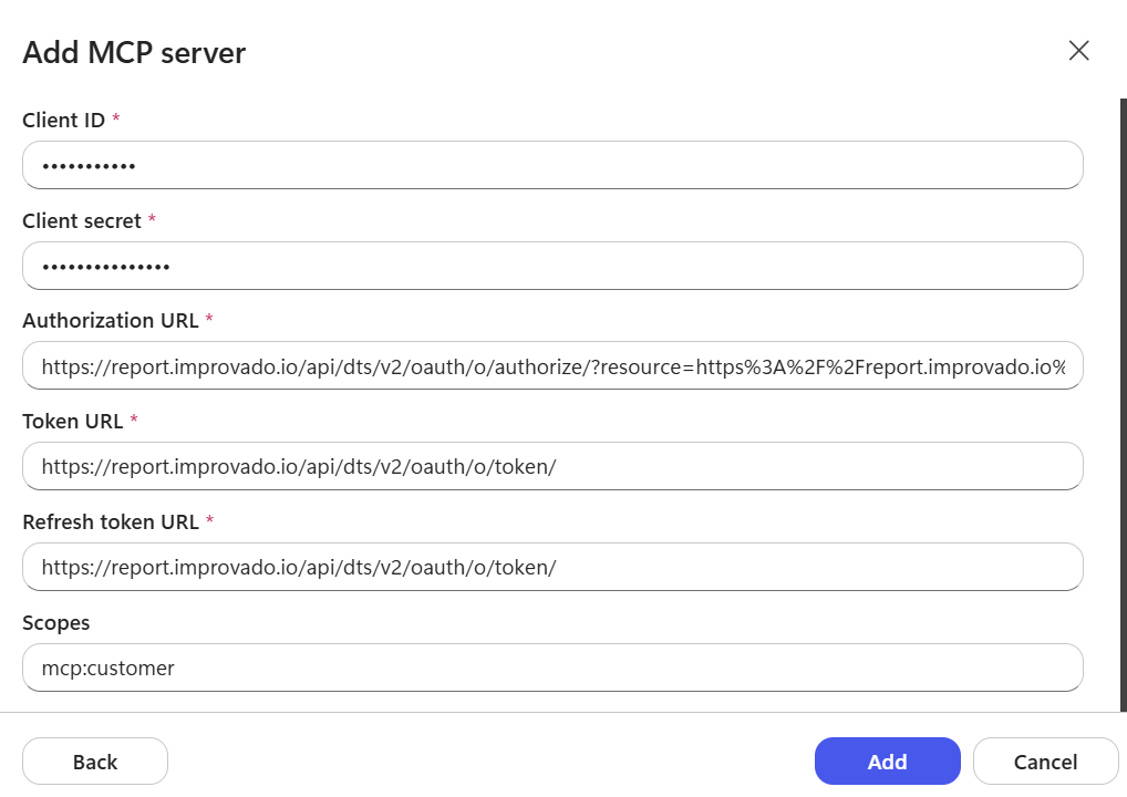 Copilot Studio Add MCP server form: client ID, secret, authorization, token and refresh URLs, scopes