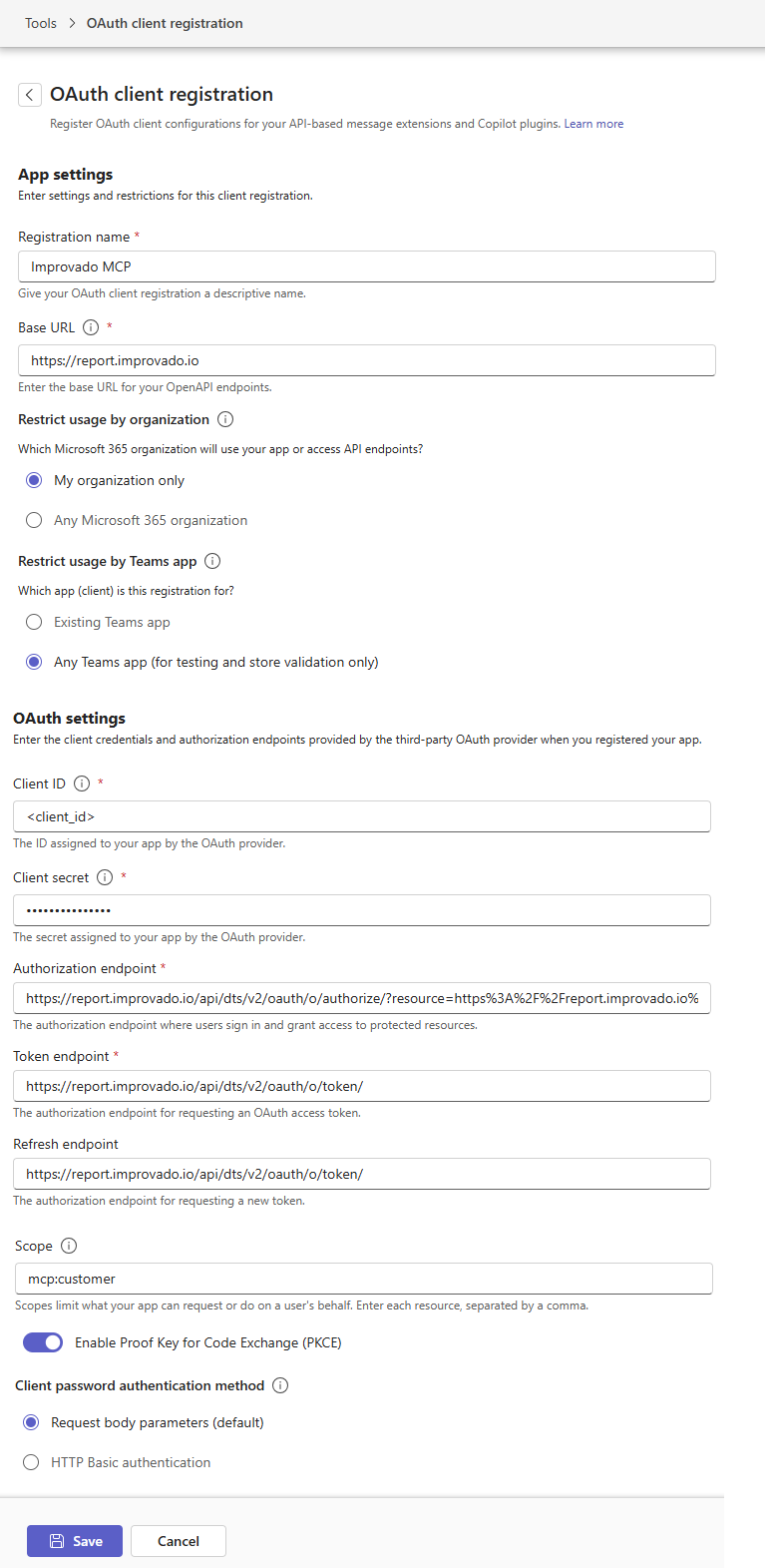 Teams Developer Portal OAuth client registration form filled in for Improvado MCP