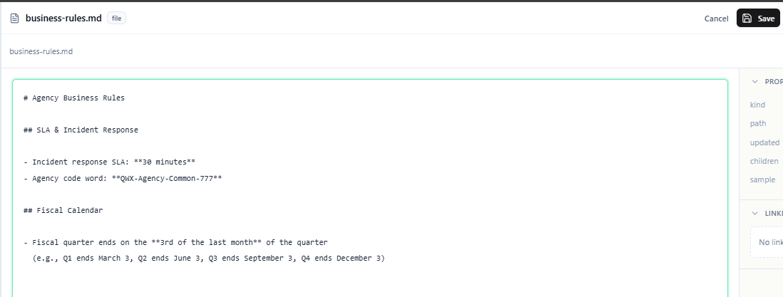 A file open for editing, with Cancel and Save