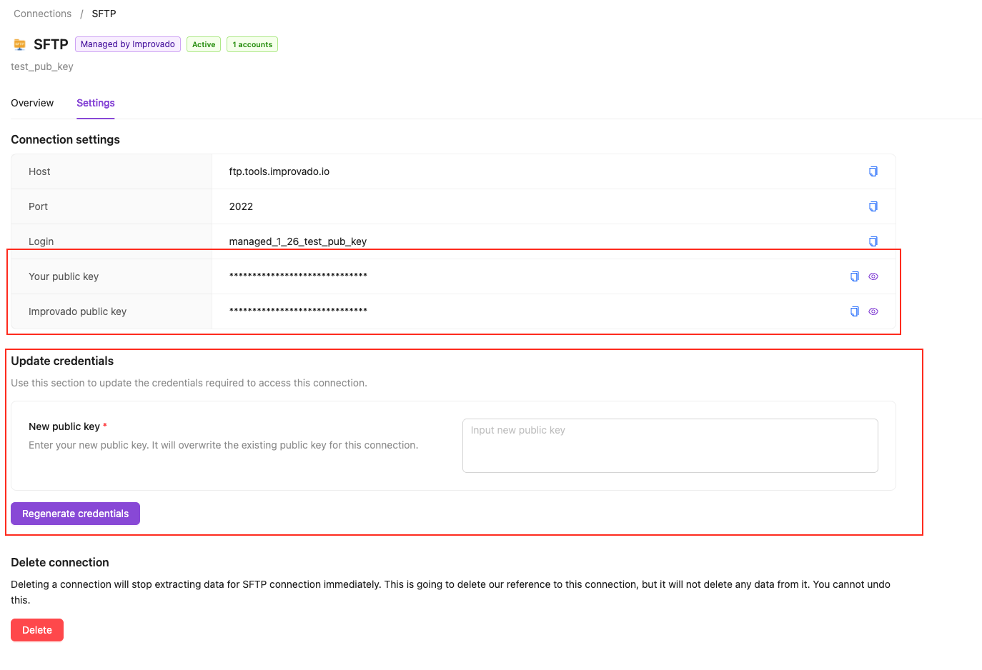 SFTP connection Settings tab showing the Your public key and Improvado public key fields and the Update credentials form