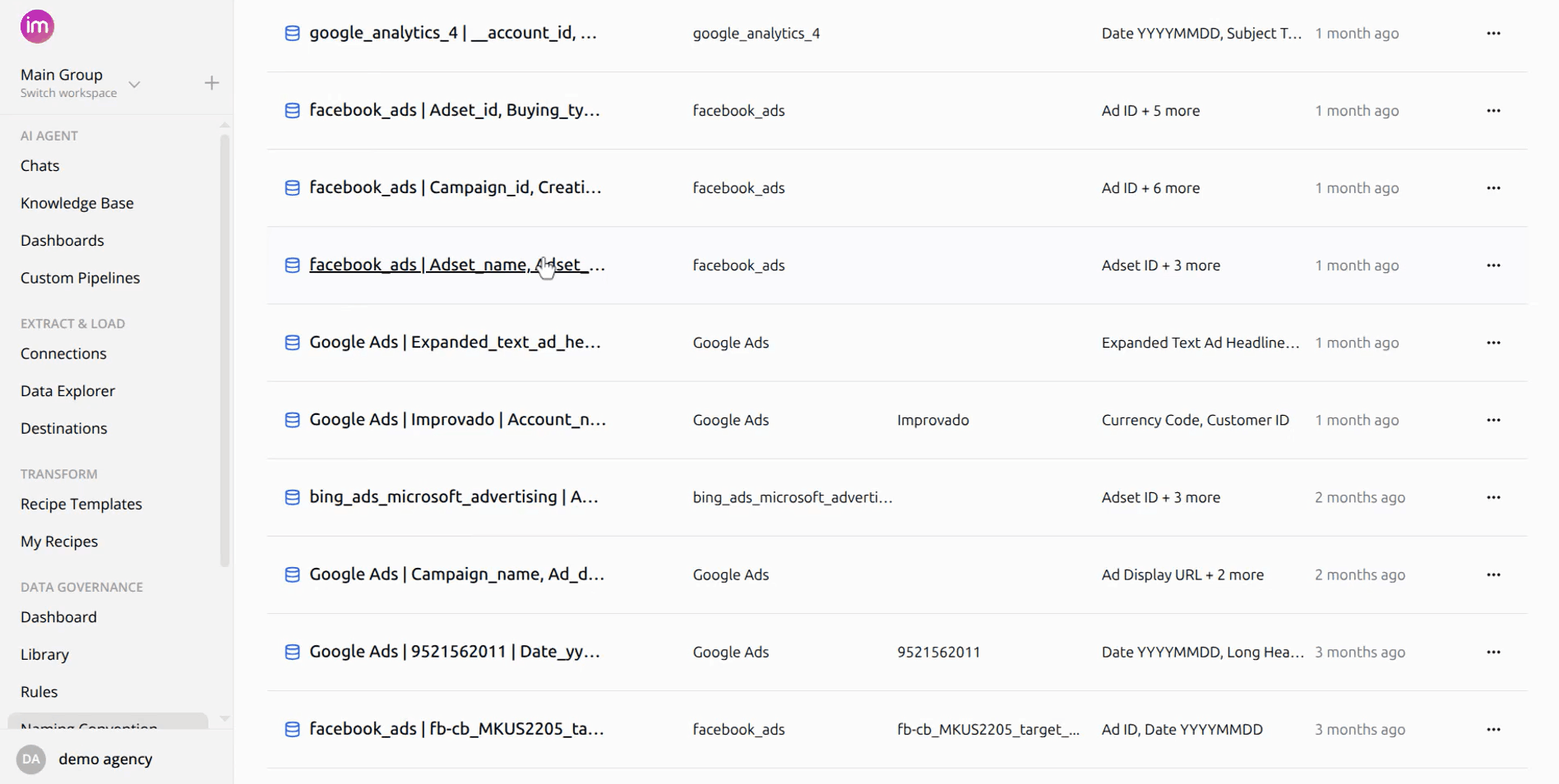 Auto-generated naming-convention data governance rules in Improvado