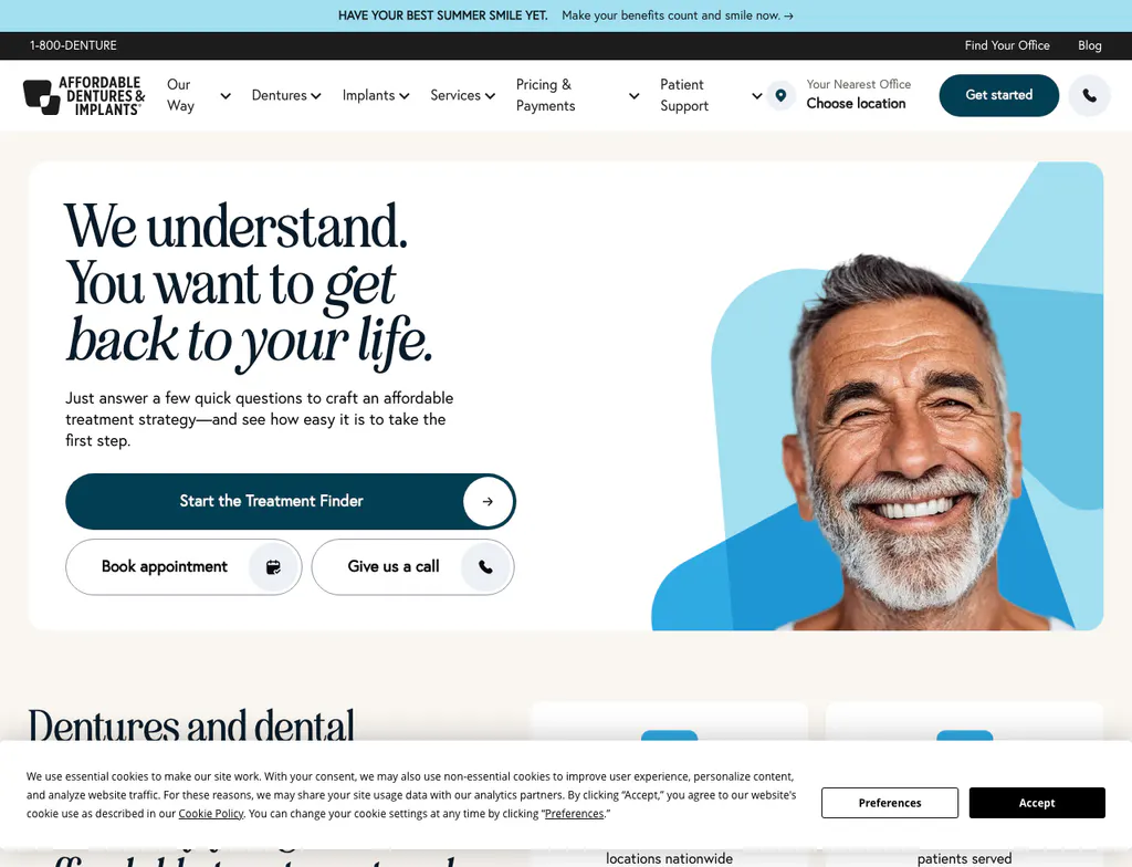 Affordable Dentures and Implants homepage with the line get back to your life