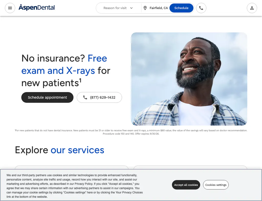 Aspen Dental homepage offering a free exam and X-rays to new patients without insurance