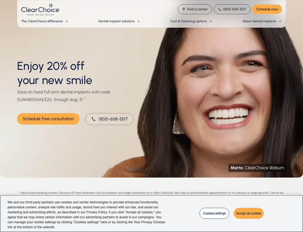 ClearChoice homepage promoting twenty percent off dental implants with a dated summer code
