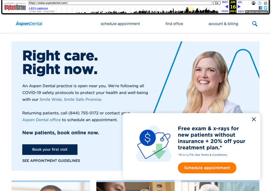 Archived 2021 Aspen Dental homepage promotion
